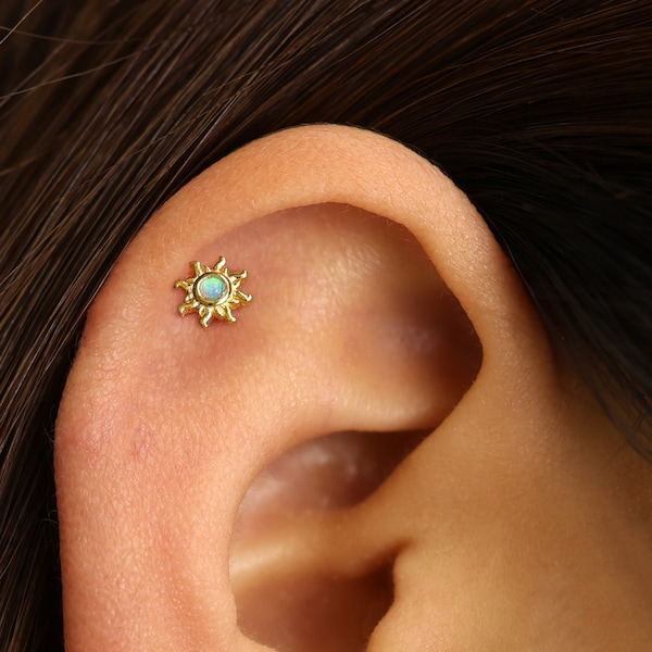 Blue Opal Sun Flat Back Labret • 18G/16G Internally Threaded Earring • Tragus Stud • Helix Stud • Cartilage Stud • Nose Stud