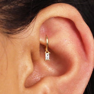 18G Tiny Diamond Baguette Rook Hoop Earring • tiny gold cartilage hoop • baguette stones • silver hoop • dainty cartilage earrings