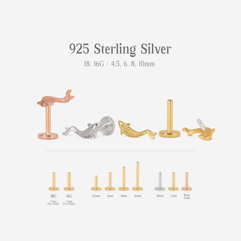 May include: Sterling silver fish cartilage earrings in various sizes and colours, including rose gold, gold, and silver. The earrings are available in 18 gauge, 16 gauge, 4.5 mm, 6 mm, 8 mm, and 10 mm.