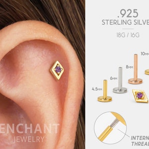 Tiny Amethyst Internally Threaded Labret • 18G/16G Flat Back Earring • Tragus Stud • Helix Stud • Cartilage Stud