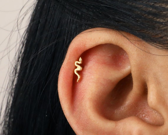 18G/16G Gold Serpent Cartilage Earring • snake tragus • conch earring • tragus • helix • cartilage piercing • minimalist • FLAT BACK