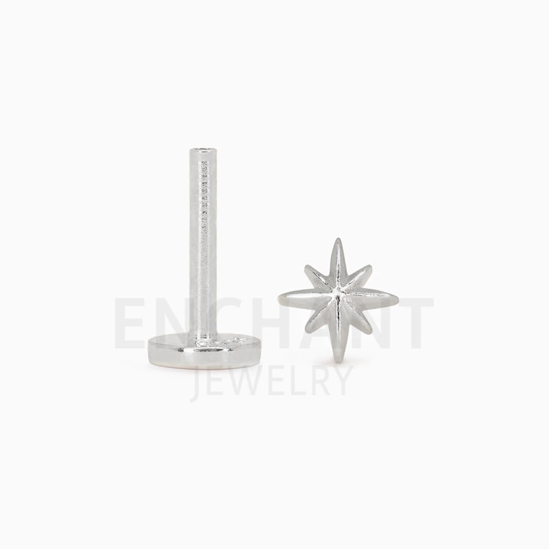 Pode incluir: Um brinco de estrela prateado com uma parte traseira plana e um pino para perfurar. O brinco &eacute; mostrado ao lado de um pino correspondente com uma base plana. A palavra "JEWELRY" &eacute; vis&iacute;vel.