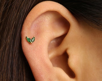 Boucle d'oreille à tige pour cartilage labret marquise émeraude 18G/16G • tragus • boucle d'oreille conque • hélice • piercing cartilage • minimaliste • DOS PLAT