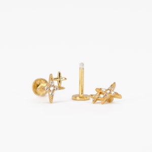 18G/16G gouden Starburst-kraakbeenoorbel • stertragus • schelpoorbel • tragus • helix • kraakbeenpiercing • minimalistisch • PLATTE TERUG