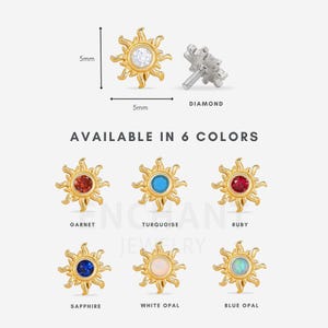 18G/16G Kleine Granaat Zon Labret met Interne Schroefdraad • Oorbellen met Platte Achterkant • Traguspiercing • Platte Achterkant • Helixpiercing • Kraakbeenpiercing • Neuspiercing afbeelding 6