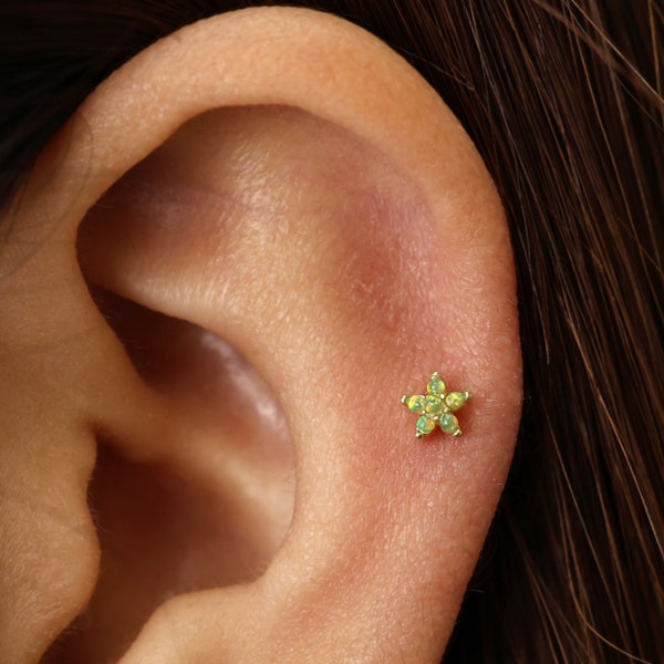 18G/16G Tiny Green Opal Flower Internally Threaded Flatback Labret • tragus stud • conch earring • tragus • helix • cartilage piercing •