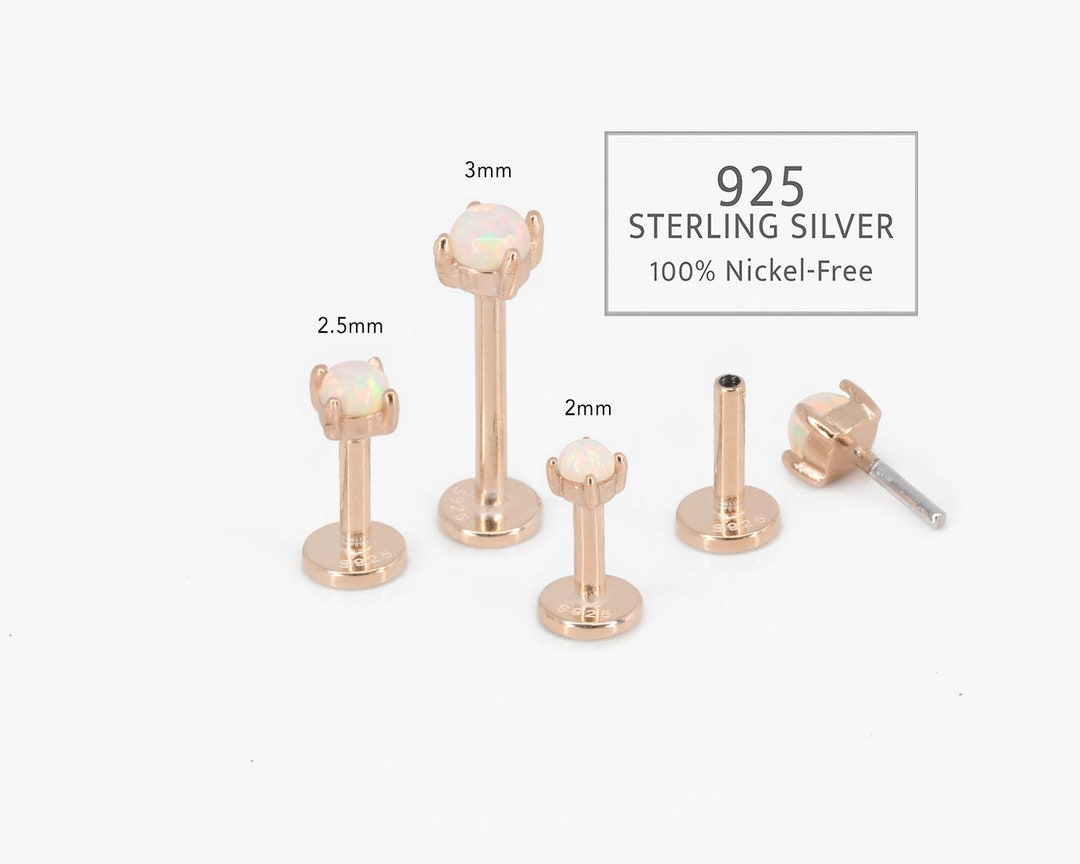 18G/16G Rose Gold White Fire Opal Threadless Push Pin Labret Stud • 925 Sterling Silver • Tragus Stud • Flat Back Earring • Helix • Conch - Etsy