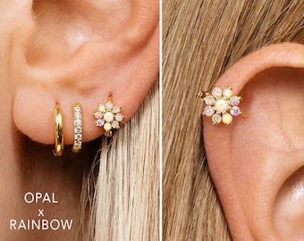 18G Opal x Rainbow Flower Hoop Earring • gold cartilage hoop earrings • upper helix earring • tragus earrings • small hoop earrings