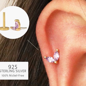 20G/18G alexandriet marquisebloem draadloze push pin labret-stekker • massief 925 sterlingzilver • platte achterkant tragus • helix conch-stekers