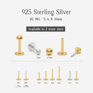Puede incluir: Un conjunto de anillos de nariz de plata de ley 925 con una selecci&oacute;n de tama&ntilde;os de piedras de 2 mm o 2,5 mm. Los anillos est&aacute;n disponibles en calibre 18 y 20, con anchos de poste de 5 mm, 6 mm, 8 mm y 10 mm. Los anillos est&aacute;n disponibles en plata y oro.