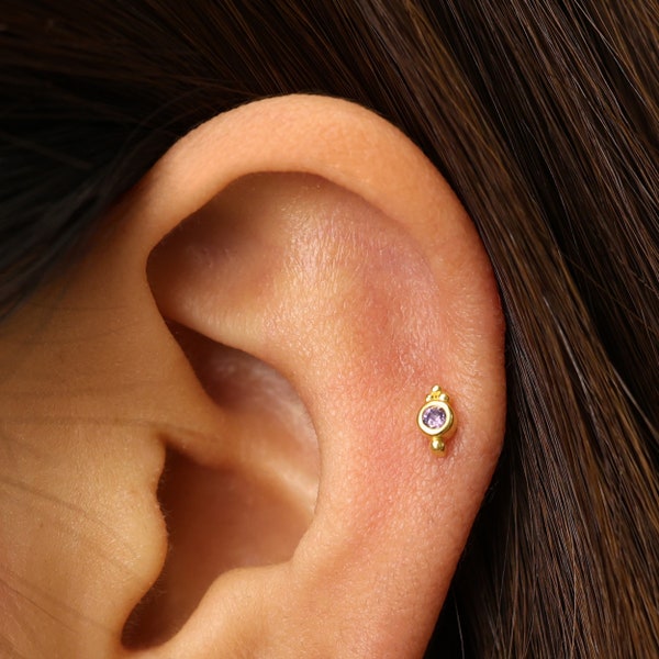 Dainty Amethyst Flat Back Labret • 16G/18G Helix Earring