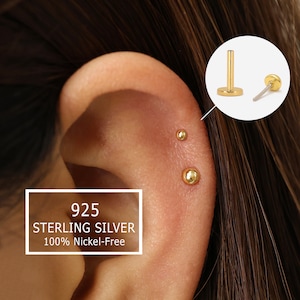 Clou d'oreille labret sans filetage à pois et à pois, 20 g/18 g • Argent sterling massif 925 • Boucle d'oreille tragus à l'arrière • Clou d'oreille labret conque hélicoïdale