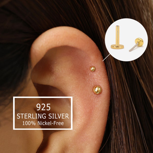 20G/18G stippen platte achterkant schroefdraadloze push pins labret-knop • Massief 925 sterlingzilver • Tragus platte achterkant oorbel • Helix conch labret-knop