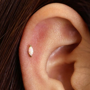 18G/16G Tiny White Opal Marquise Internally Threaded Flatback Labret • tragus stud • conch earring • tragus • helix • cartilage piercing