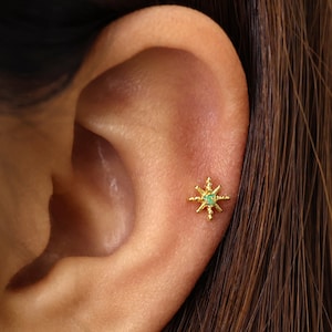 Labret à dos plat avec étoile, opale verte 18 g/16 g • Boucle d'oreille à dos plat avec filetage interne • Clou tragus • Clou hélicoïdal • Clou pour cartilage • Clou de nez