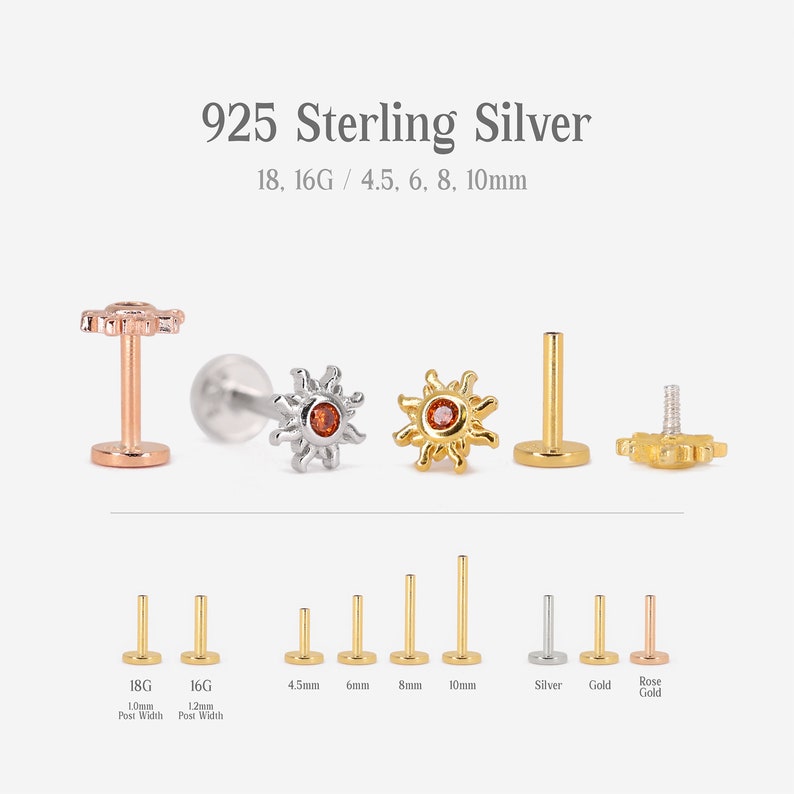 Op de afbeelding: Een set van 925 sterling zilveren zonvormige lichaamsieraden met een rode edelsteen in het midden. De sieraden zijn verkrijgbaar in verschillende maten en diktes, waaronder 18 gauge, 16 gauge, 4,5 mm, 6 mm, 8 mm en 10 mm. De sieraden zijn ook verkrijgbaar in zilver, goud en ros&eacute; goud.