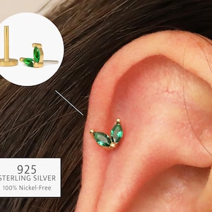 20G/18G Emerald Marquise Flower Threadless Push Pin Labret Stud • Solid 925 Sterling Silver • Tragus Flat Back • Helix Conch Stud