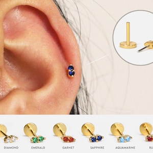 20G/18G Dainty Sapphire Threadless Push Pin Labret Stud • Solid 925 Sterling Silver • Tragus Flat Back Earring • Helix Conch Labret Stud