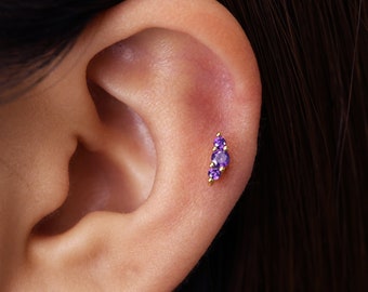 Boucle d'oreille cartilage labret grimpeur améthyste 18 g/16 g • clou tragus • boucle d'oreille conque • hélice • piercing du cartilage • minimaliste • DOS PLAT
