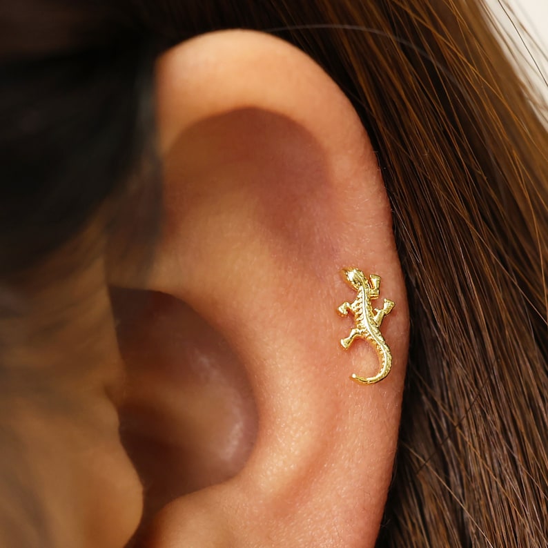 May include: Gold-toned lizard shaped stud earring. The earring is worn in the cartilage of the ear.