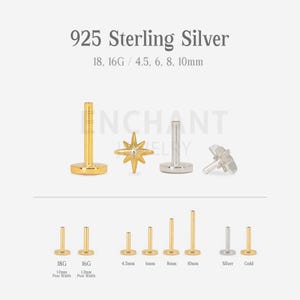 Pode incluir: Uma variedade de joias para o corpo em prata esterlina 925, incluindo tachas douradas e prateadas e um pingente em forma de estrela. Os tamanhos variam de 4,5 mm a 10 mm. A imagem inclui o texto "925 Sterling Silver" e "ENCHANT JEWELRY".