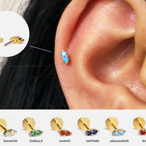 Petit clou d'oreille labret sans filetage aigue-marine 20 g/18 g • Argent sterling massif 925 • Boucle d'oreille tragus à l'arrière • Clou d'oreille labret conque hélicoïdale