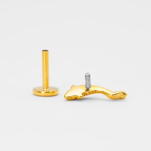 May include: Gold dolphin body jewellery with a screw-on post. The dolphin is facing left and has a textured surface.