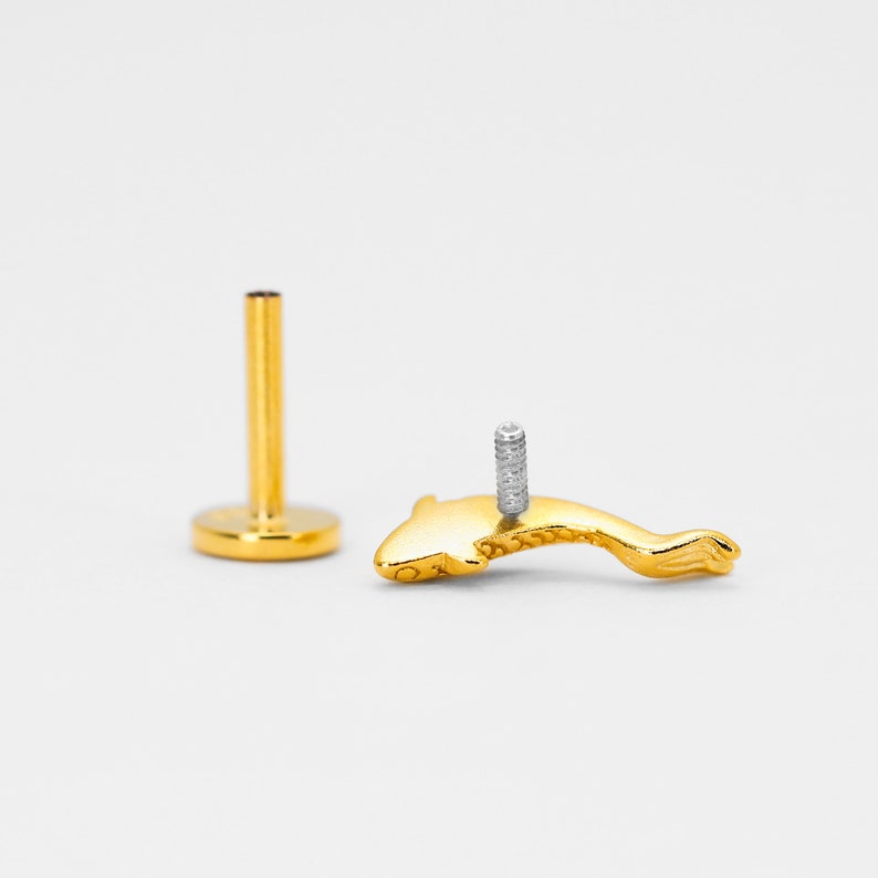 May include: Gold dolphin body jewellery with a screw-on post. The dolphin is facing left and has a textured surface.