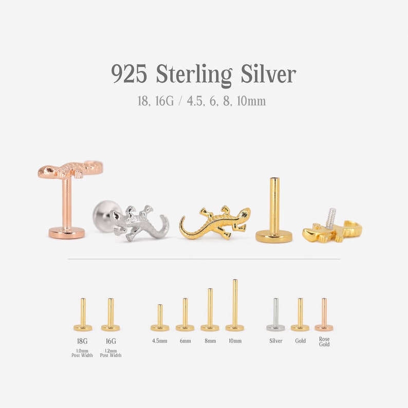 May include: A set of 925 sterling silver body jewelry featuring a lizard design. The jewelry is available in 18 gauge and 16 gauge, with post widths of 1.0mm and 1.2mm. The jewelry is also available in a variety of sizes, including 4.5mm, 6mm, 8mm, and 10mm. The jewelry is available in silver, gold, and rose gold.