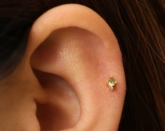 Tiny Peridot Internally Threaded Labret • 18G/16G Flat Back Earring • Tragus Stud • Helix Stud • Cartilage Stud • Nose Stud