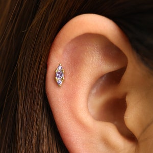 18G/16G Amethistcluster labretkraakbeen • Tragusknop • schelpoorbel • tragus • helix • kraakbeenpiercing • minimalistisch • PLATTE TERUG