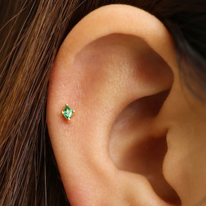Tiny Emerald Diamond Internally Threaded Labret • 18G/16G Flat Back Earring • Tragus Stud • Helix Stud • Cartilage Stud • Nose Stud