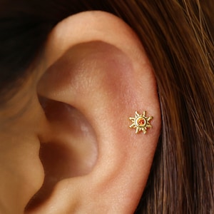 18G/16G Tiny Garnet Sun Internally Threaded Labret • Flat Back Earring • Tragus Stud • Flat Back • Helix Stud • Cartilage Stud • Nose Stud