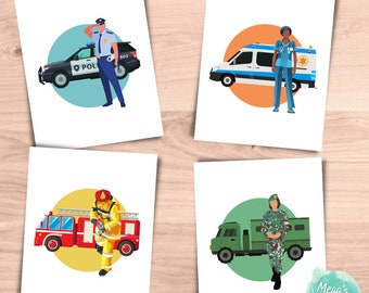 Work Heroes Nursery Decor Kids Room Art Print Set of 4 Instant Download Modern Printable Police Firefighter EMT Military Emergency Hero