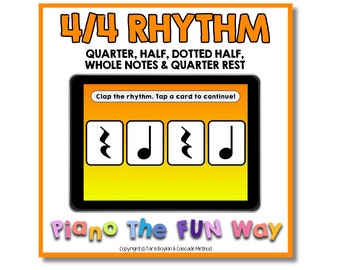 May include: A yellow and orange digital tablet screen with the text "4/4 RHYTHM" and "Clap the rhythm. Tap a card to continue!"  The screen shows four musical notes: a quarter rest, a quarter note, a dotted quarter rest, and a quarter note. The text "Piano The FUN Way" is below the tablet screen.