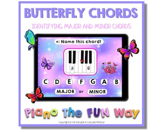 Boom Cards: Butterfly Chords (Lehre Klavierschüler Begriffe des Großen Notenstabs, Klavierunterricht, Klavierlehrer, Online-Lernen)
