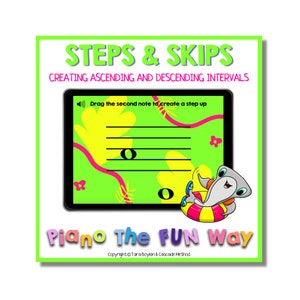 May include: A colorful educational graphic with the text "STEPS & SKIPS" and "CREATING ASCENDING AND DESCENDING INTERVALS." A tablet displays musical notes and instructions. The phrase "Piano The FUN Way" is also visible, along with a cartoon shark.