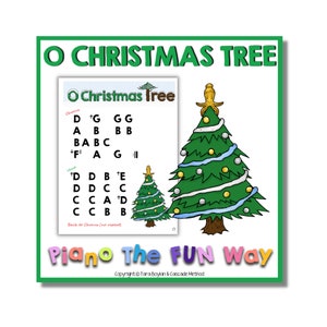 May include: A printable piano lesson sheet with a green border and the title "O Christmas Tree". The sheet features a Christmas tree with decorations and a musical notation chart with the letters D, G, A, B, C, E, and F.