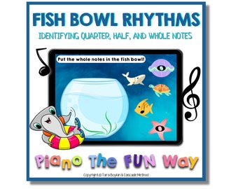 Boom Cards:  Fish Bowl Rhythms  Notes (Teaching Piano Students Terms of the Grand Staff, Piano Lessons, Piano teacher, Online Learning)