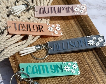 Name Keychain, Personalized Name Keychain, Acrylic Name Keychain, Flower Keychain, Gift for friend , Bridal Party Gift, Backpack Keychain