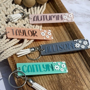 Name Keychain, Personalized Name Keychain, Acrylic Name Keychain, Flower Keychain, Gift for friend , Bridal Party Gift, Backpack Keychain