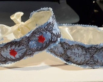 Embroidered garters- blue/silver or custom