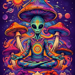 May include: A green alien meditating in a lotus position surrounded by colorful mushrooms and a psychedelic galaxy background.