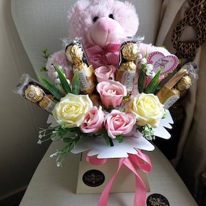 Chocolade Boeket Ferrero Baby Teddy Meisje Zijden Bloemen Geschenkmand