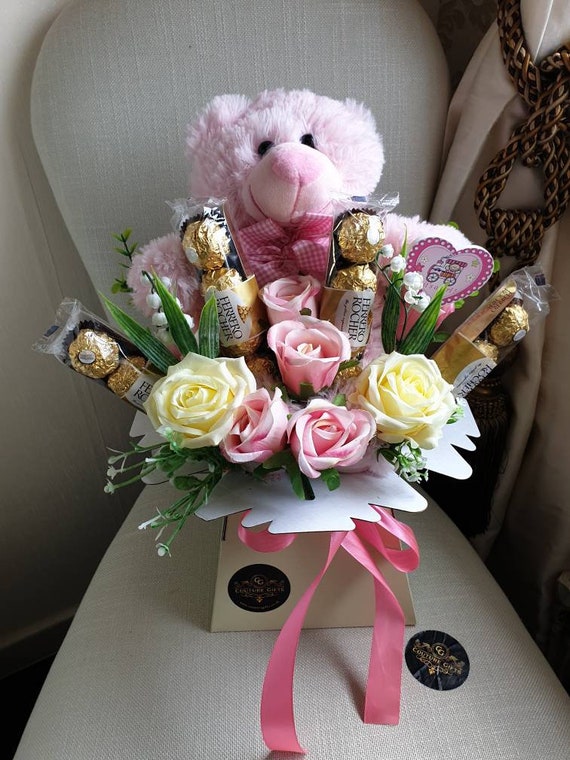 Chocolate Bouquet Ferrero Baby Teddy Girl Silk Flowers Gift Hamper