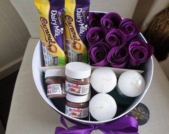 Beautiful Opulent Banbury Purple Caramel and Nutella Jars Hat Box Chocolate Gift