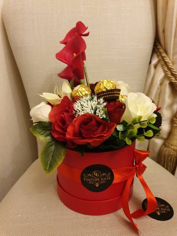 Beautiful Opulent Red Ferrero Chocolates Hat Box Silk Flowers Gift