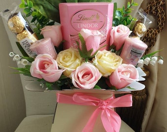 Chocolate Bouquet Pink Strawberries & Cream Lindt Ferrero Silk Flowers Yankee Candle Gift Hamper