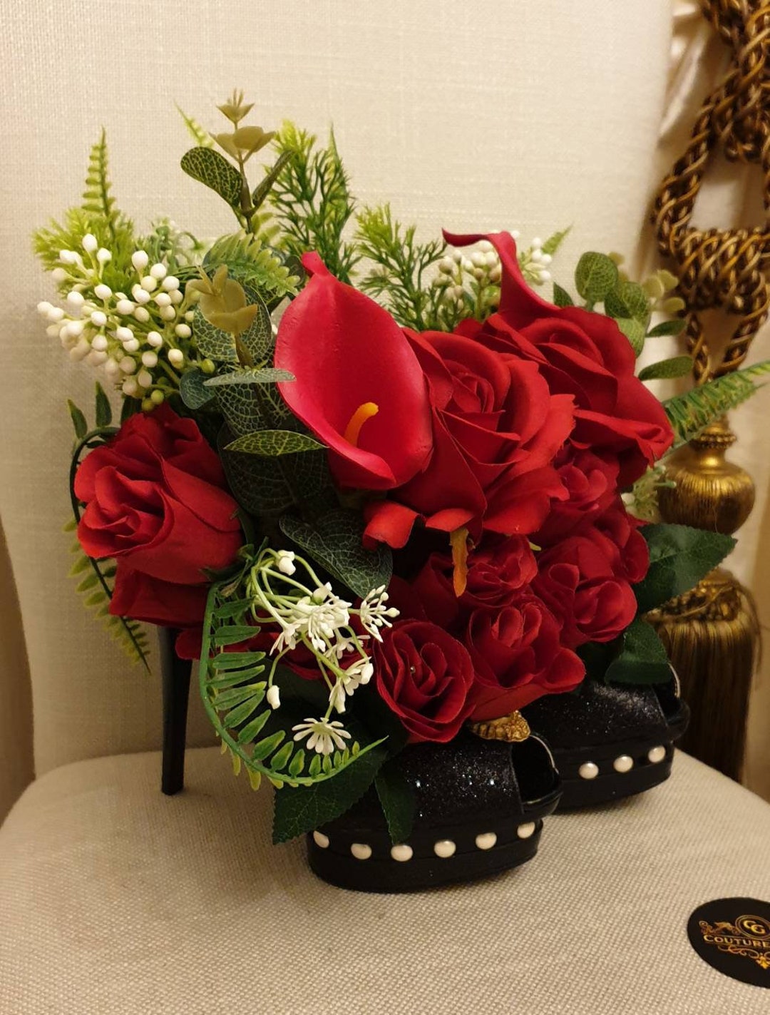 Beautiful Elegant Couture Red Mix High Heel Shoes & Silk Flowers ...