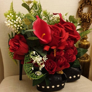 Beautiful Elegant Couture Red Mix High Heel Shoes & Silk Flowers ...